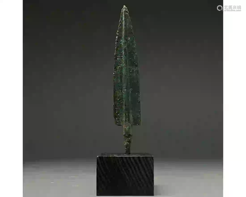 ANCIENT BRONZE SPEAR HEAD ON STAND