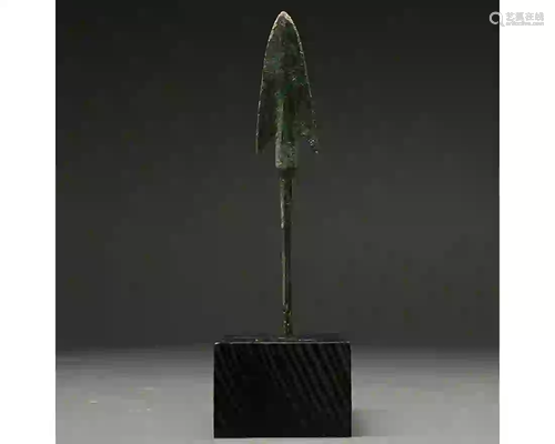 ANCIENT BRONZE SPEAR HEAD ON STAND