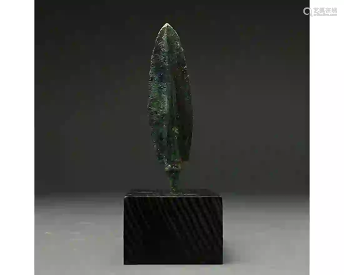 ANCIENT BRONZE SPEAR HEAD ON STAND