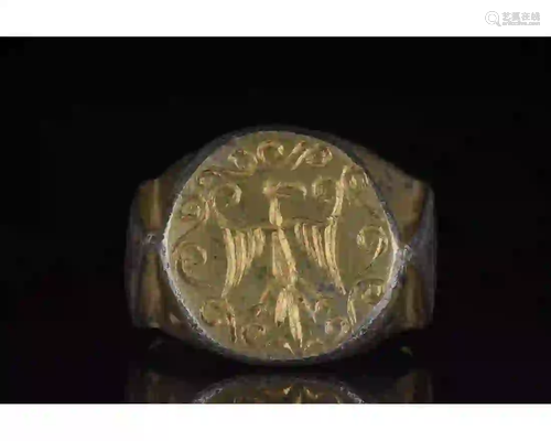 LARGE SILVER GILT BYZANTINE RING WITH EAGLE