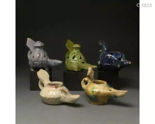 COLLECTION OF 5 SELJUK POTTERY OIL LAMPS