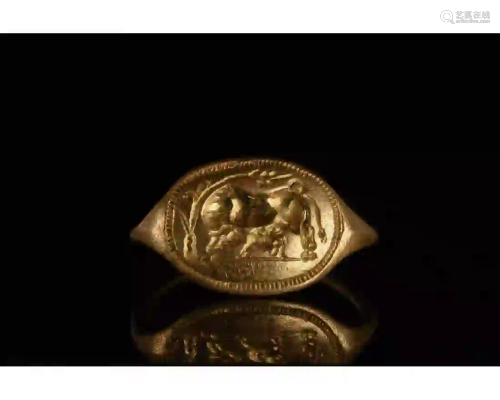 ROMAN GOLD SEAL RING WITH COW AND CALF - XRF TESTED