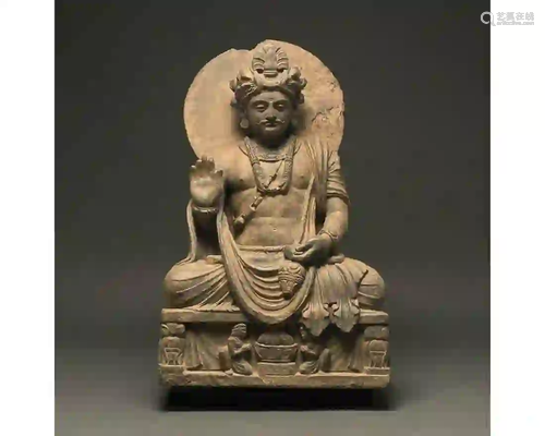 SUPERB GANDHARA SCHIST STONE FIGURE OF SEATED