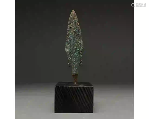 ANCIENT BRONZE SPEAR HEAD ON STAND