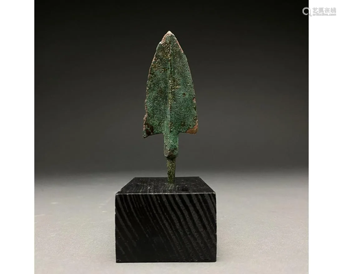 ANCIENT BRONZE SPEAR HEAD ON STAND