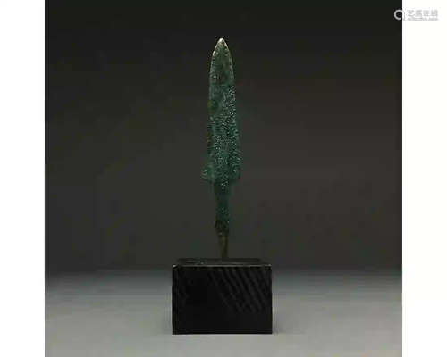 ANCIENT BRONZE SPEAR HEAD ON STAND