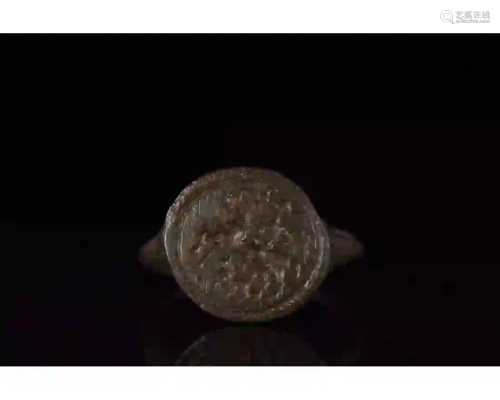 RARE MEDIEVAL BRONZE RING WITH HORSEMAN AND DOG