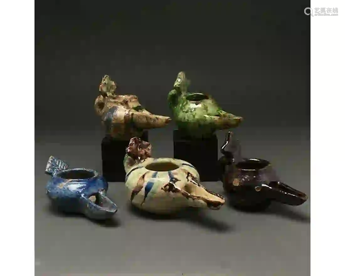 COLLECTION OF 5 SELJUK POTTERY OIL LAMPS