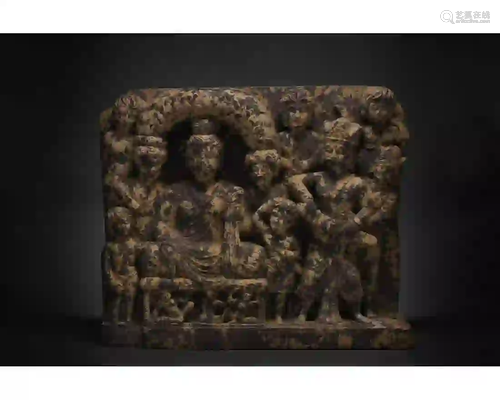 LARGE GANDHARA RED SCHIST PANEL WITH BUDDHA