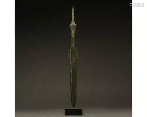 LARGE ANCIENT BRONZE SPEAR ON STAND