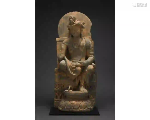 GIANT GANDHARA SCHIST STONE FIGURE, SEATED BODHISATTVA