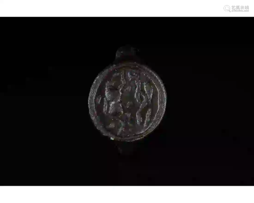 MEDIEVAL BRONZE SEAL RING WITH WOLF AND DRAGON