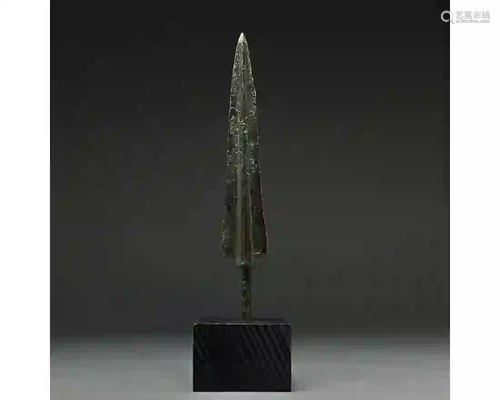 ANCIENT BRONZE SPEAR HEAD ON STAND