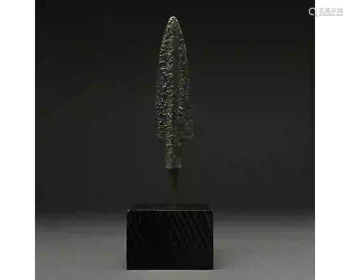 ANCIENT BRONZE SPEAR HEAD ON STAND