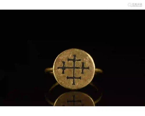 RARE CRUSADERS ERA GOLD RING WITH NIELLO CROSS - XRF