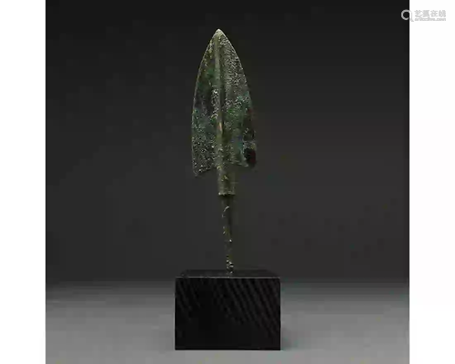 ANCIENT BRONZE SPEAR HEAD ON STAND