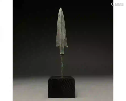 ANCIENT BRONZE SPEAR HEAD ON STAND