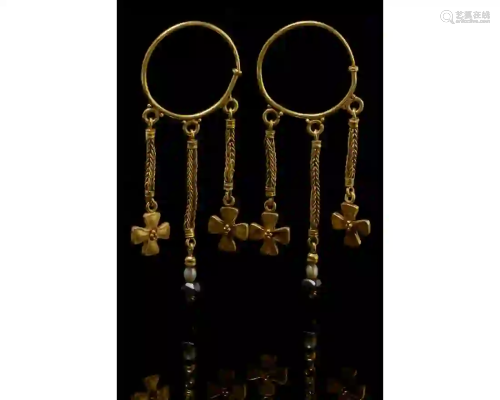 BYZANTINE GOLD, PEARL AND GARNET EARRINGS WITH CROSSES