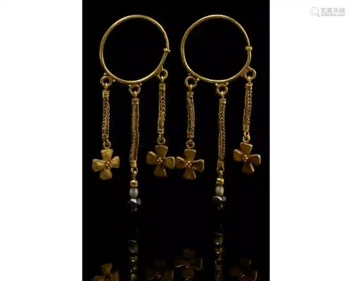 BYZANTINE GOLD, PEARL AND GARNET EARRINGS WITH CROSSES