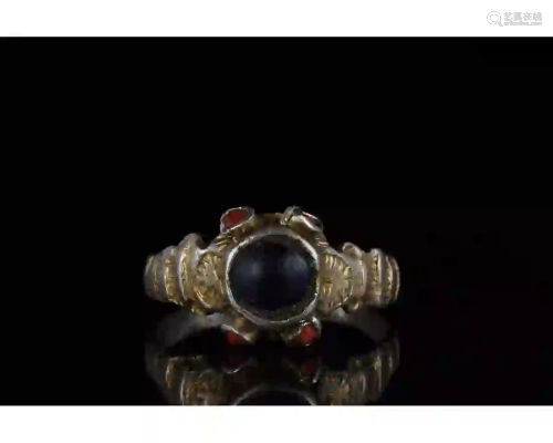 MEDIEVAL SILVER GILT RING WITH STONES