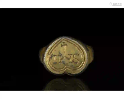 MEDIEVAL SILVER GILT RING WITH IHS MONOGRAM