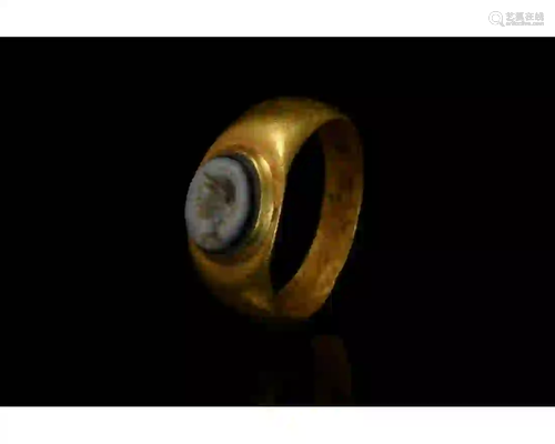 ROMAN GOLD INTAGLIO RING WITH NICOLO PORTRAIT STONE-