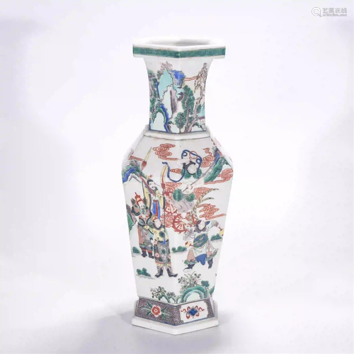 CHINESE GUCAI FIGURE STORY HEXAGONAL PORCELAIN VASE