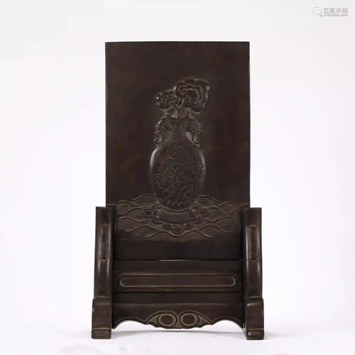 CHINESE INKSTONE CARVED FLOWER AND POETIC PROSE TABLE