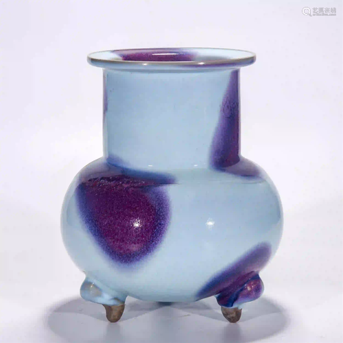 CHINESE SKY BLUE GLAZE PORCELAIN TRIPLE-FOOTED CENSER