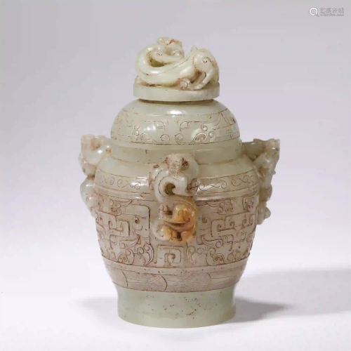 CHINESE JADE CARVED BEAST HANDLES AND PATTERNS LIDDED