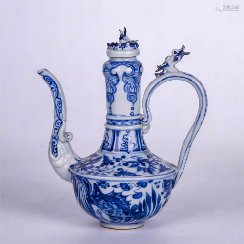 CHINESE BLUE AND WHITTE DRAGON HANDLE PORCELAIN EWER