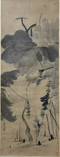 CHINESE INK PAINTING HANGING SCROLL OF LOTUS AND B…