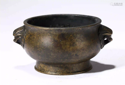 CHINESE BRONZE DOUBLE BEAST HANDLE ROUND CENSER