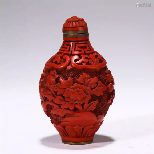 CHINESE CARVED RED LACQUERWARE FLOWER PATTERN S…