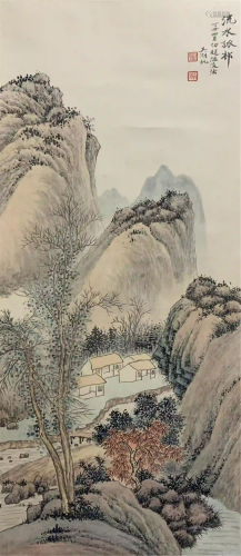 CHINESE PAINTING HANGING SCROLL OF ISOLATED VILLAGE