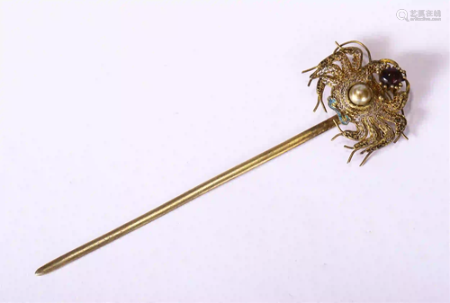 CHINESE GILT BRONZE CRAB INLAID GEMS DESIGN HAIRPIN