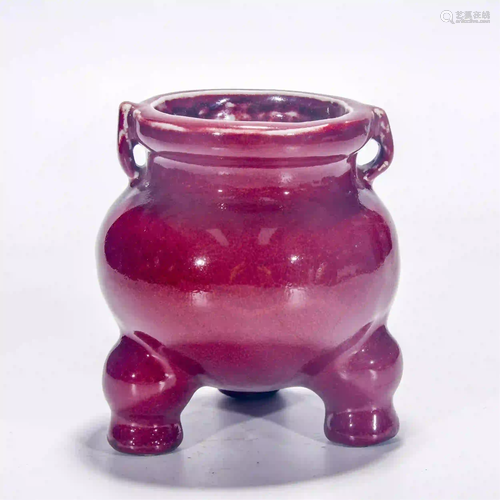 CHINESE RED GLAZE TIRPLE-FOOTED PORCELAIN CENSER