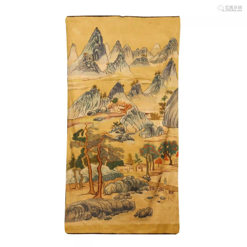 CHINESE SILK TAPESTRY OF LANDSCAPE AND FIGURE STORY