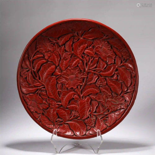 CHINESE CARVED RED LACQUERWARE FLOWER PATTERN DI…
