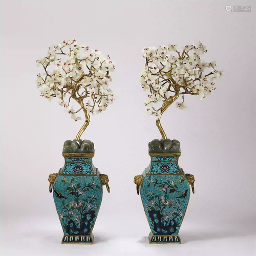 PAIR OF CHINSE CLOISONNE VASE AND JADE FLOWERS BONSAI