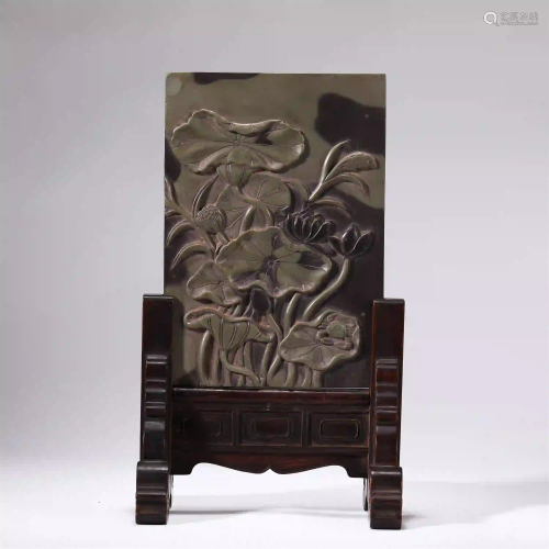 CHINESE INKSTONE CARVED LOTUS AND POETIC PROSE TABLE