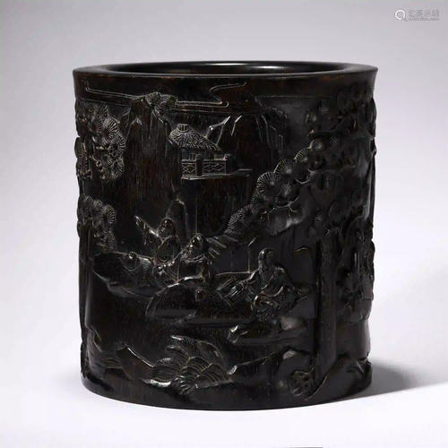 CHINESE AGALWOOD CARVED FIGURE STORY BRUSH POT