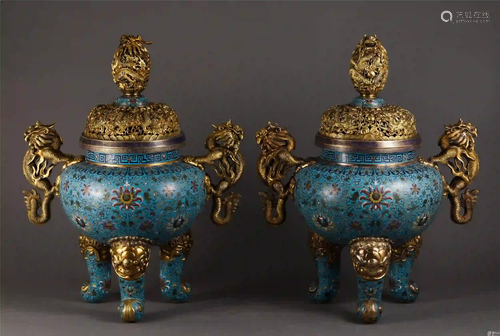 PAIR OF CHINESE CLOISONNE DRAGON HANDLES TRIPLE FOOTED