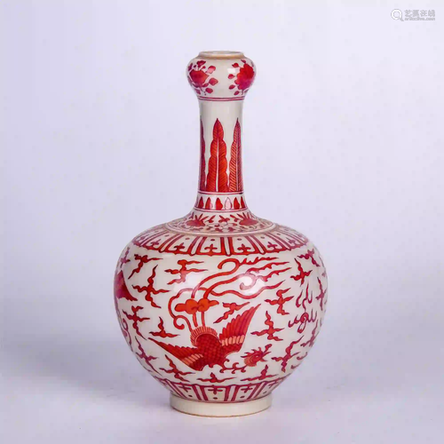 CHINESE RED PHOENIX PATTERN GARLIC-HEAD-SHAPED VASE