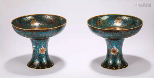 PAIR OF CHINESE CLOISONNE DRAGON PHOENIX HIGH-FOOTED