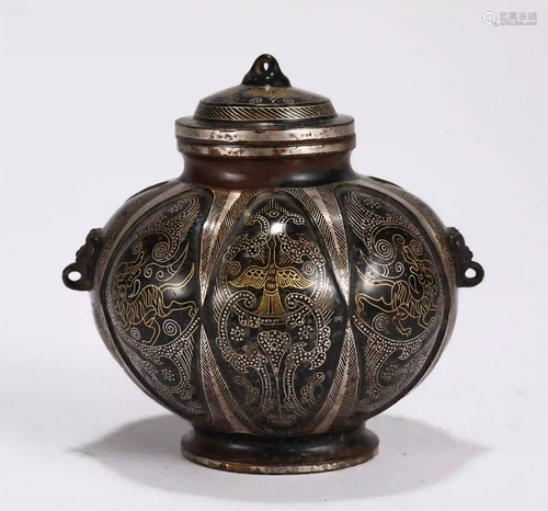 CHINESE GOLD-AND-SILVER BEAST PATTERN BRONZE LIDDED