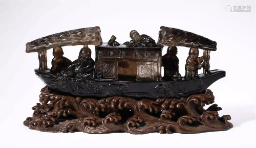CHINESE TEA-COLORED CITRINE BOAT AND FIGURE DESIGN