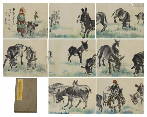 CHINESE LIGHT COLOR INK PAINTING ALBUM OF DONKEYS