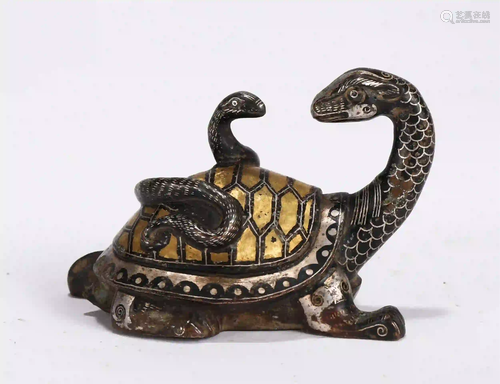 CHINESE GOLD-AND-SILVER DECORATED BRONZE BEAST ORNA…