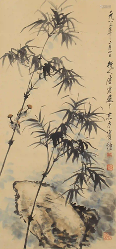 CHINESE PAINTING OF BAMBOO, ROCK AND BIRDS